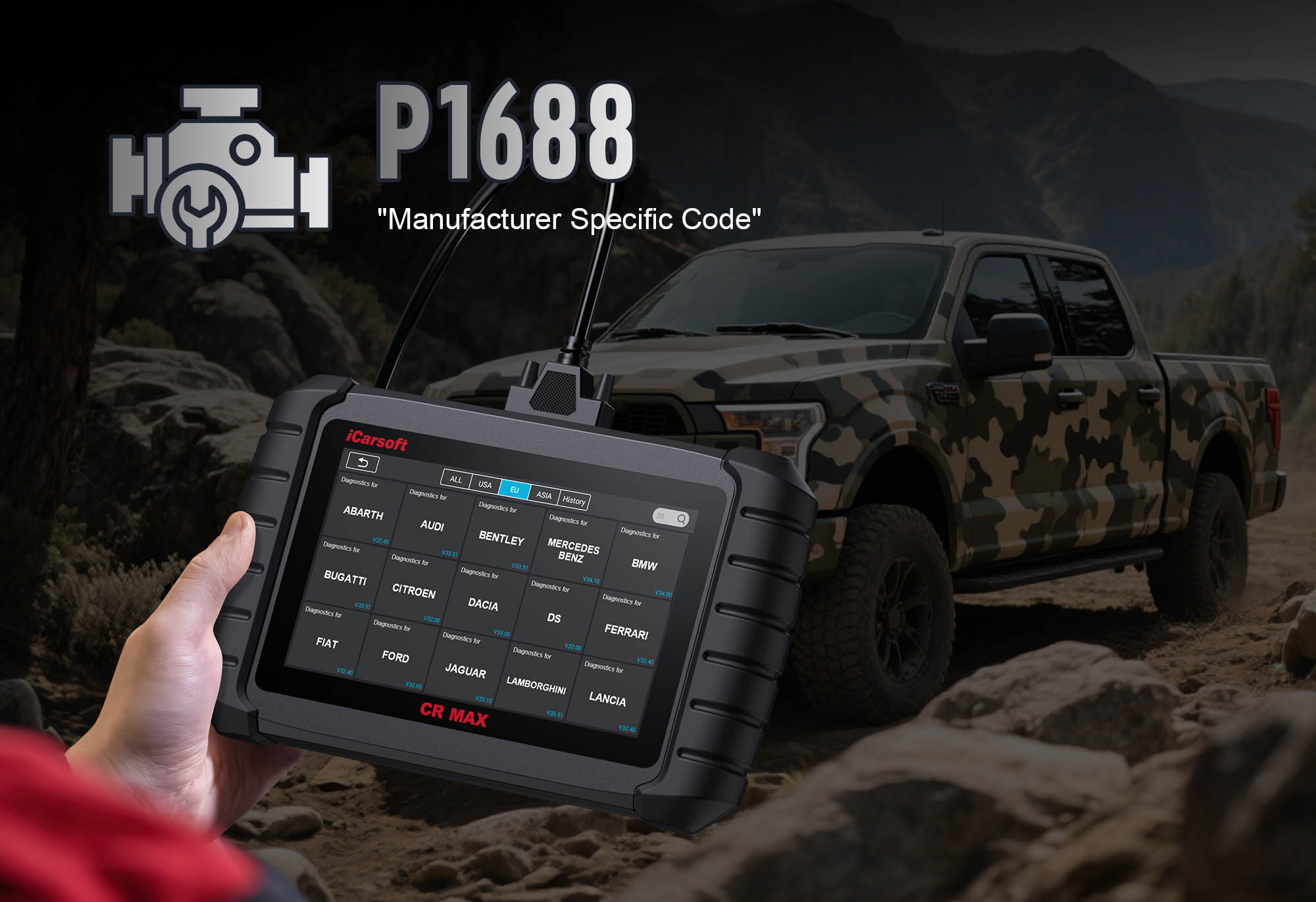 iCarsoft CR MAX diagnosing P1688 PCM power supply interruption in a CDJR vehicle