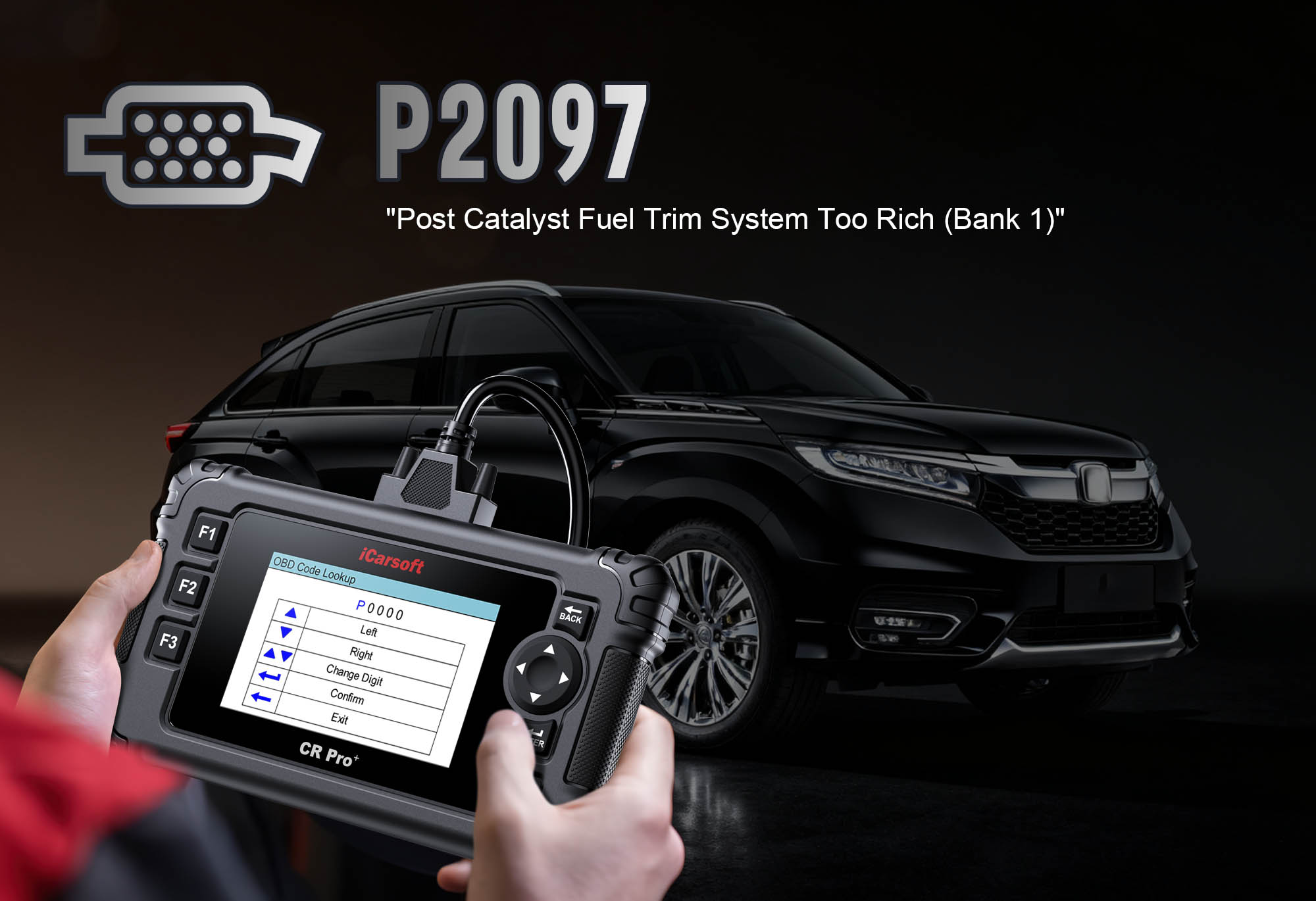 iCarsoft CR Pro+ diagnosing P2097 Post-Catalyst Fuel Trim Too Rich (Bank 2)