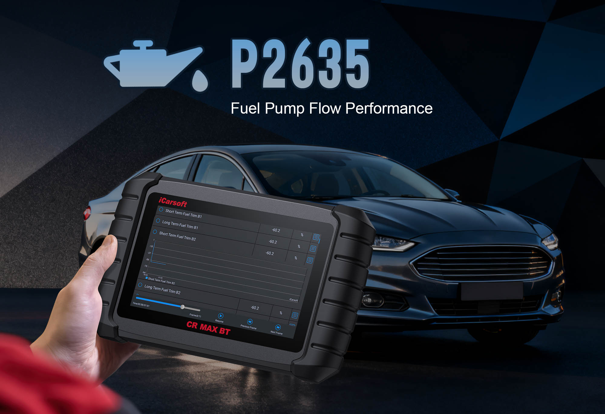 Fuel Pressure Regulator showing P2635 Control Circuit Range/Performance malfunction with iCarsoft CR MAX BT diagnostic
