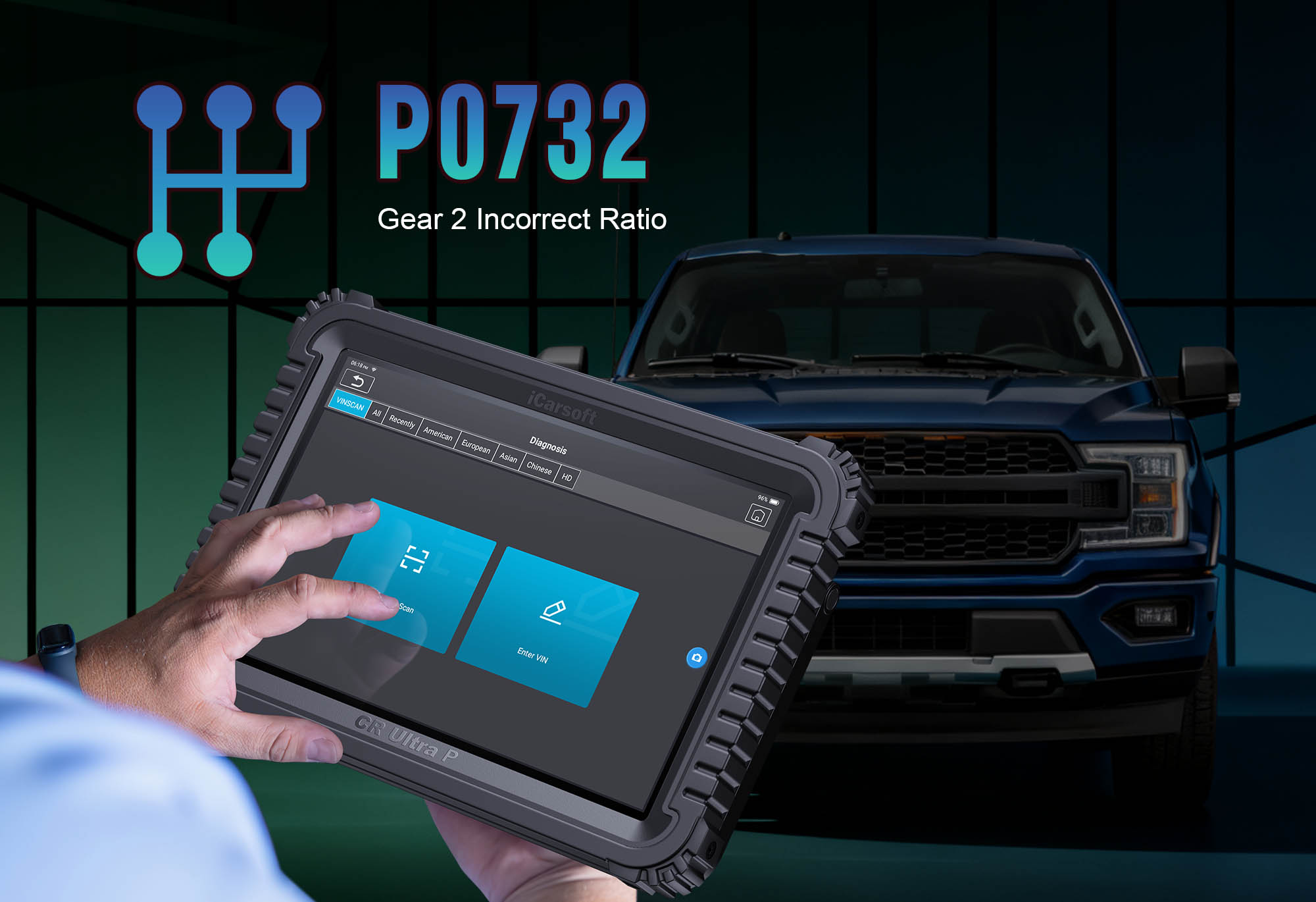 Transmission Gear 2 showing P0732 Incorrect Ratio malfunction with iCarsoft CR Ultra P diagnostic