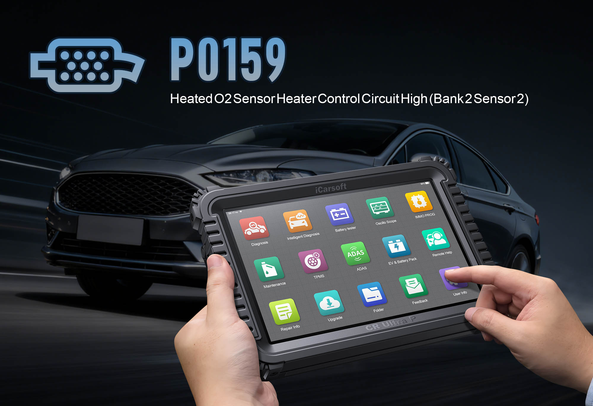 O2 Sensor (Bank 2, Sensor 2) showing P0159 Slow Response with iCarsoft CR Ultra P diagnostic