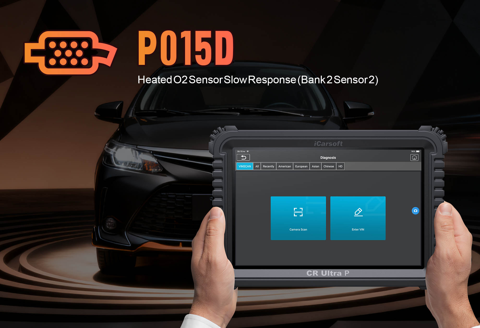 O2 Sensor Heater (Bank 2, Sensor 1) showing P015D Performance with iCarsoft CR Ultra P diagnostic