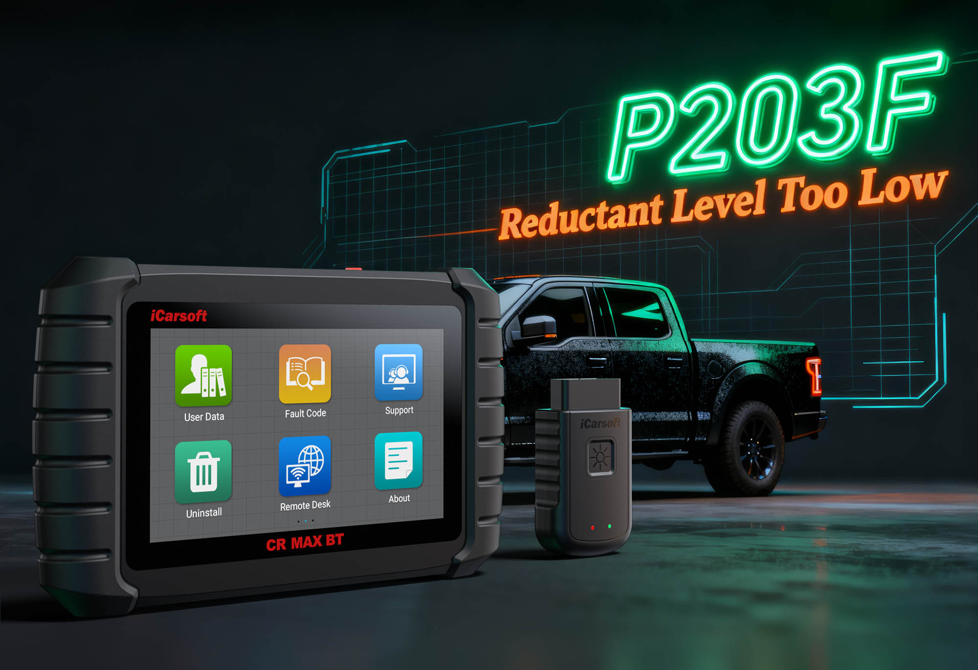 DEF tank with reductant level sensor showing P203F malfunction with iCarsoft CR MAX BT diagnostic