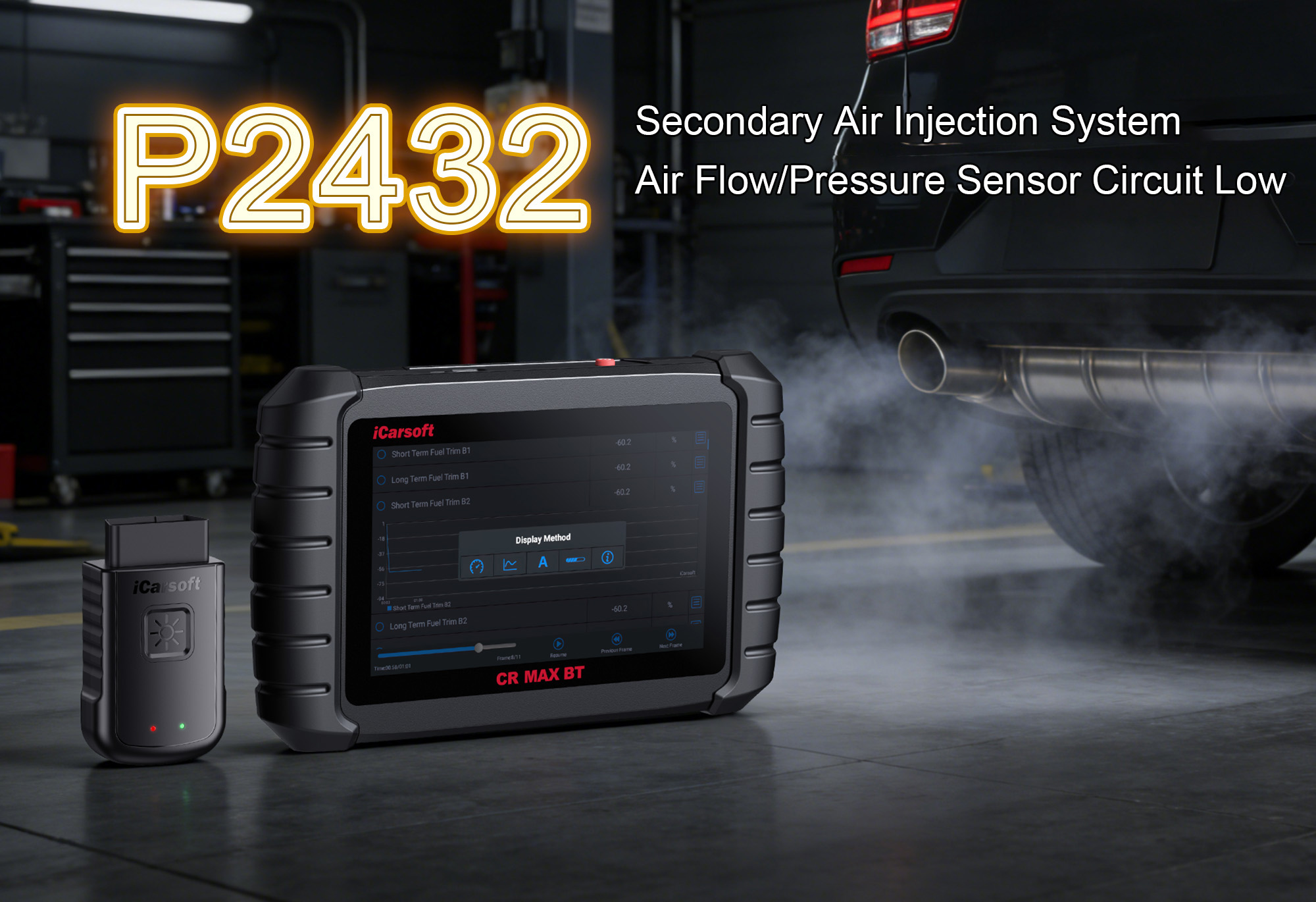 iCarsoft CR MAX BT Diagnosing P2432 Fault Code - Secondary Air Injection Sensor Circuit Low (Bank 1)